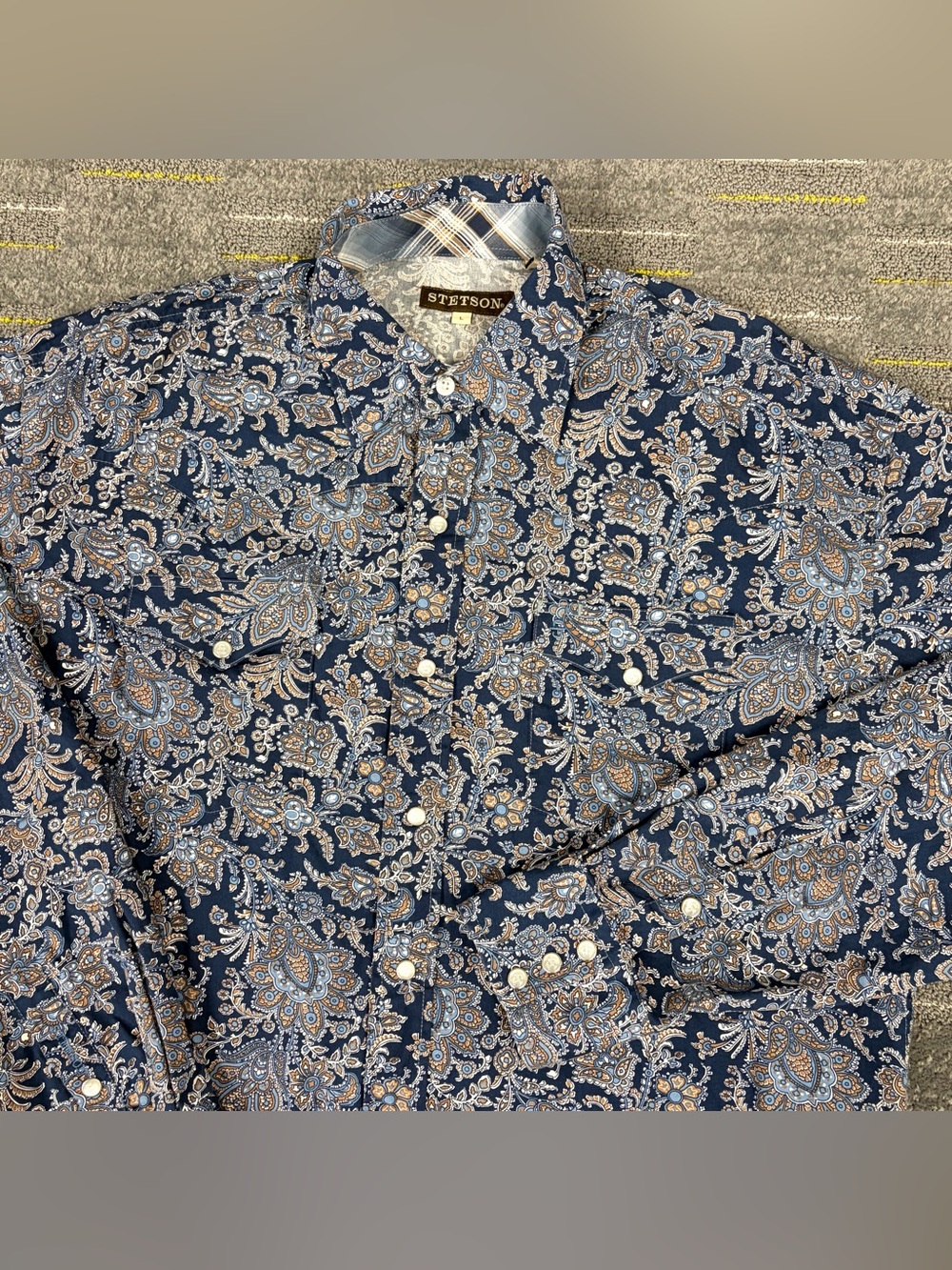 Stetson Western Paisley Pearl Snap Shirt Mens Large Cotton Cowboy Floral Pockets